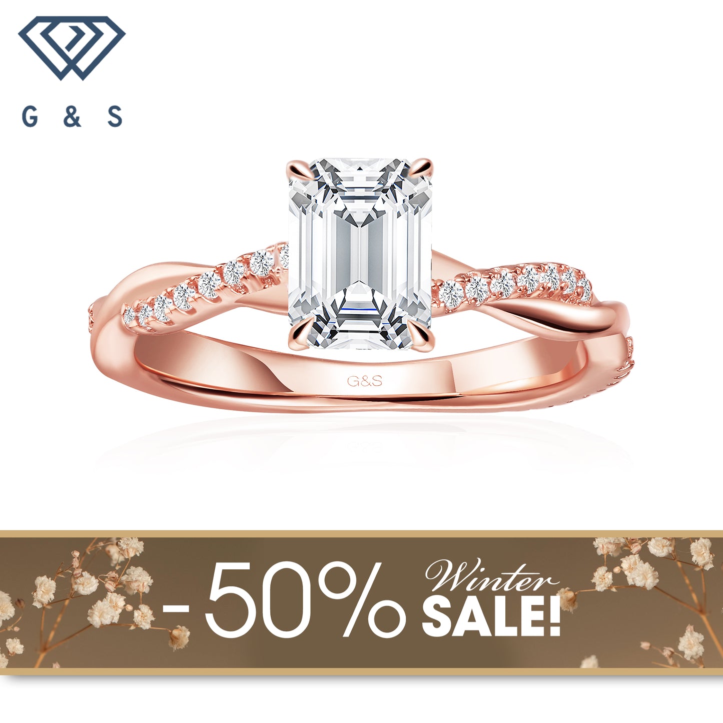 Timeless Infinity Emerald Cut Moissanite Engagement Ring - 18ct Rose Gold Plated  - Winter Sale