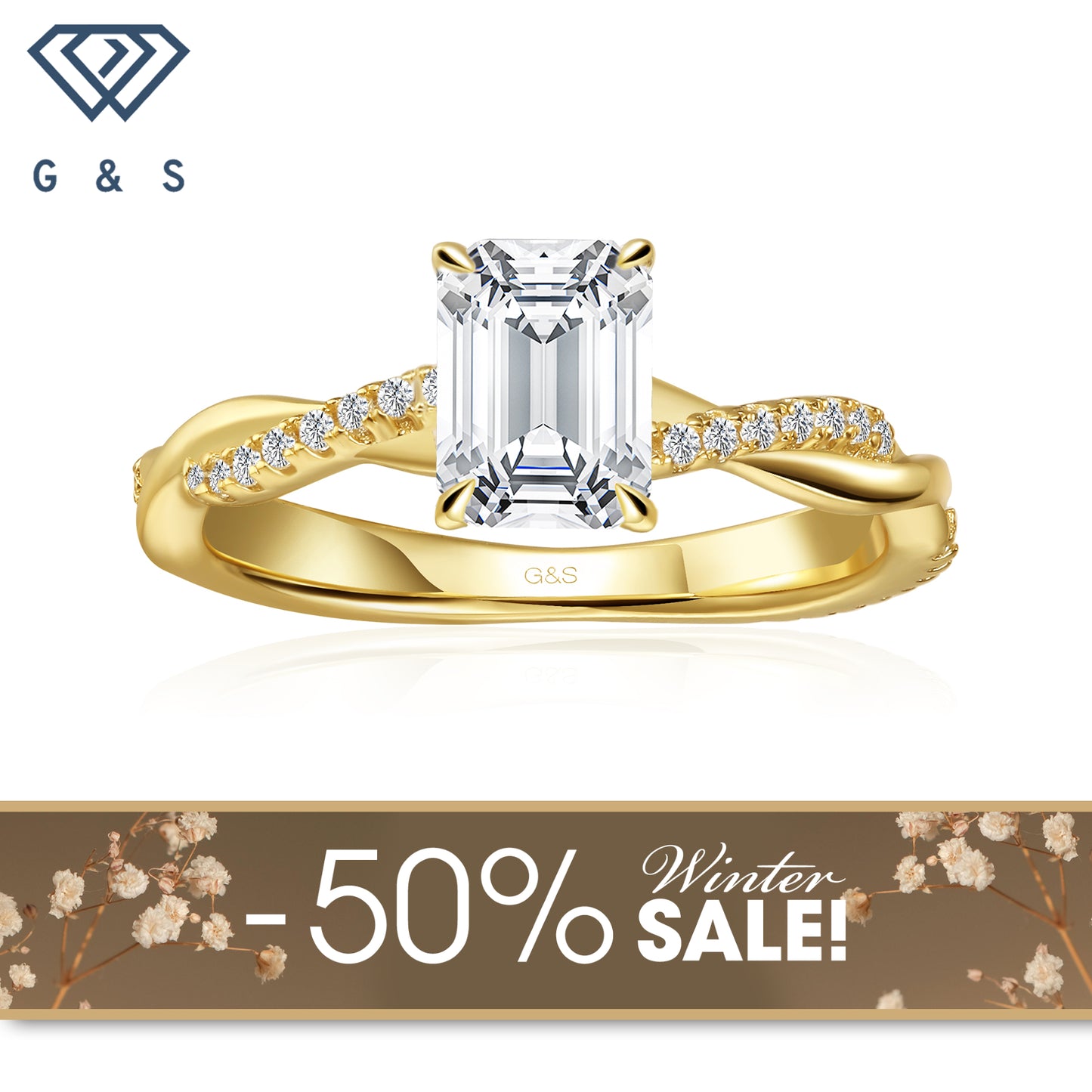 Timeless Infinity Emerald Cut Moissanite Engagement Ring - 18ct Yellow Gold Plated - Winter Sale