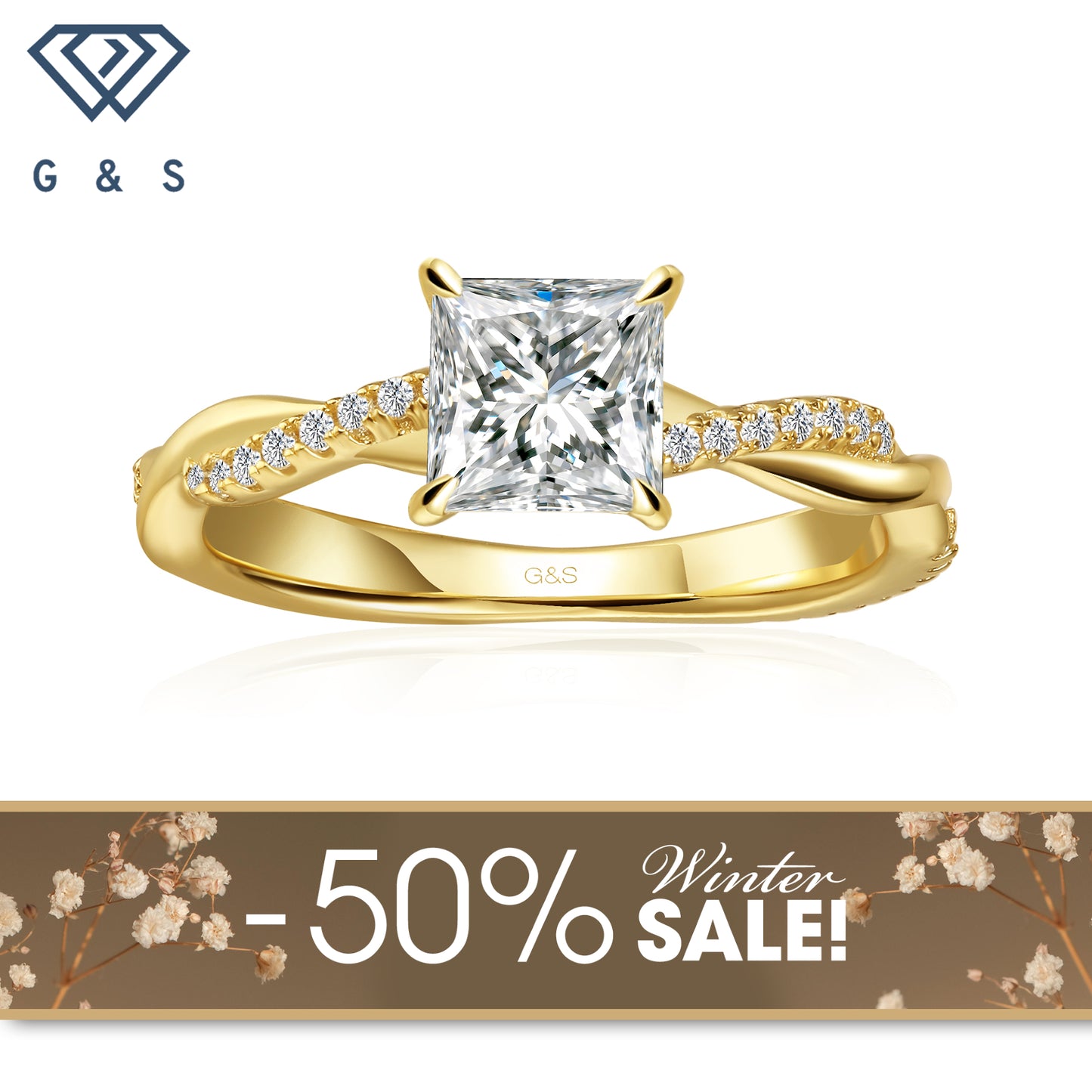 Timeless Infinity Princess Cut Moissanite Engagement Ring - 18ct Yellow Gold Plated - Winter Sale