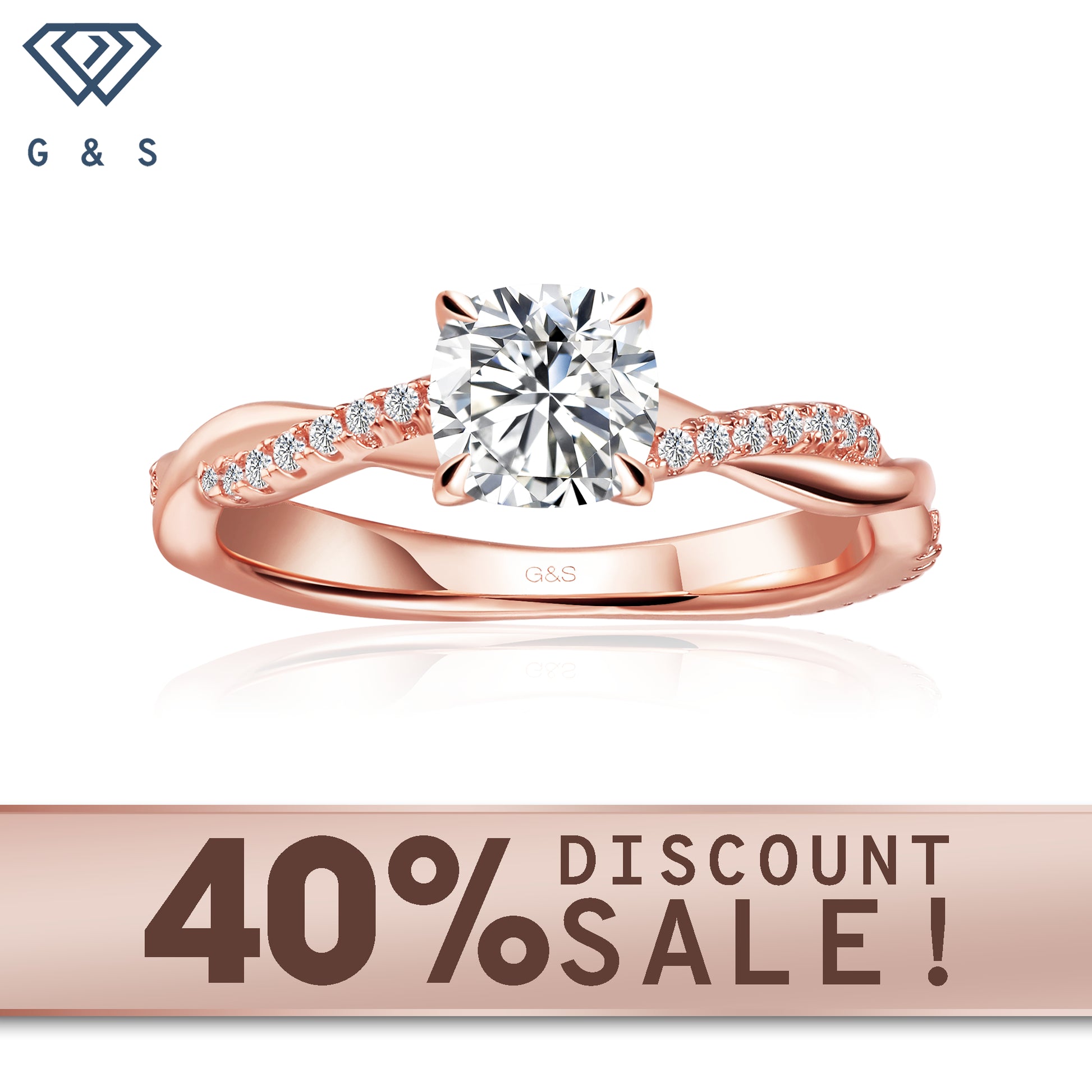Timeless Infinity cushion cut moissanite engagement ring in 9ct rose gold.