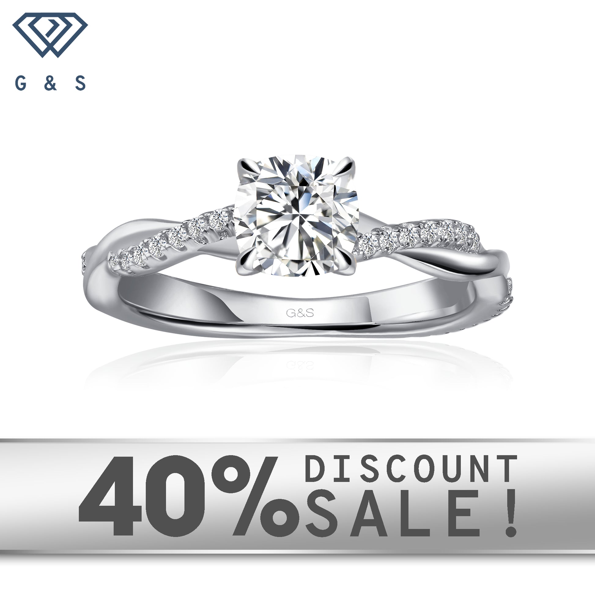 Timeless Infinity Cushion Cut Moissanite Engagement Ring Set in 9ct White Gold:  A classic engagement ring featuring a cushion-cut moissanite in a timeless infinity setting, crafted in 9ct white gold.