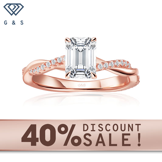 Timeless Infinity emerald cut moissanite engagement ring in 9ct rose gold.