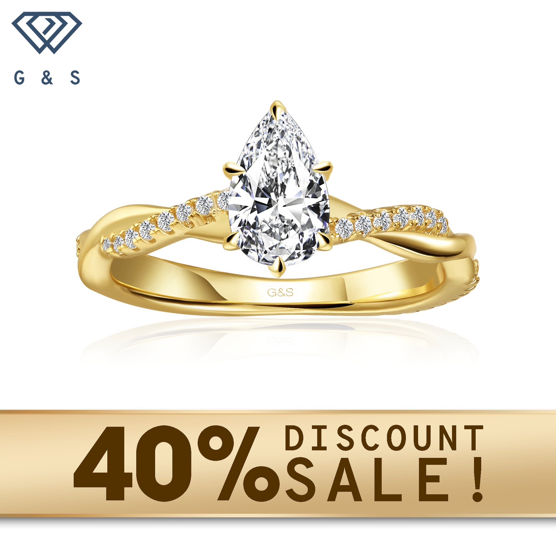 A 9ct yellow gold engagement ring featuring a pear-shaped moissanite and a flowing infinity design symbolizing eternal love.