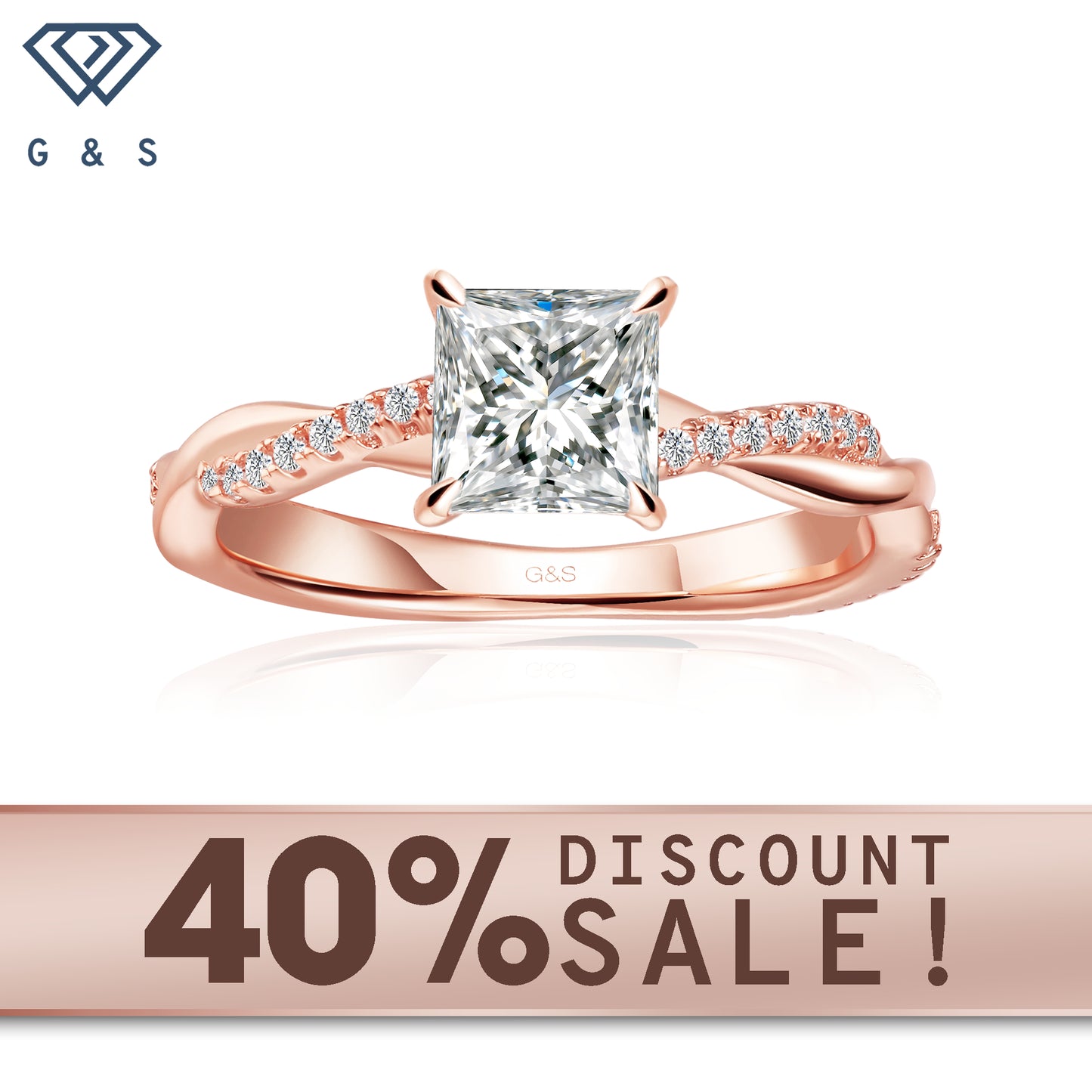 Timeless Infinity princess cut moissanite engagement ring in 9ct rose gold.