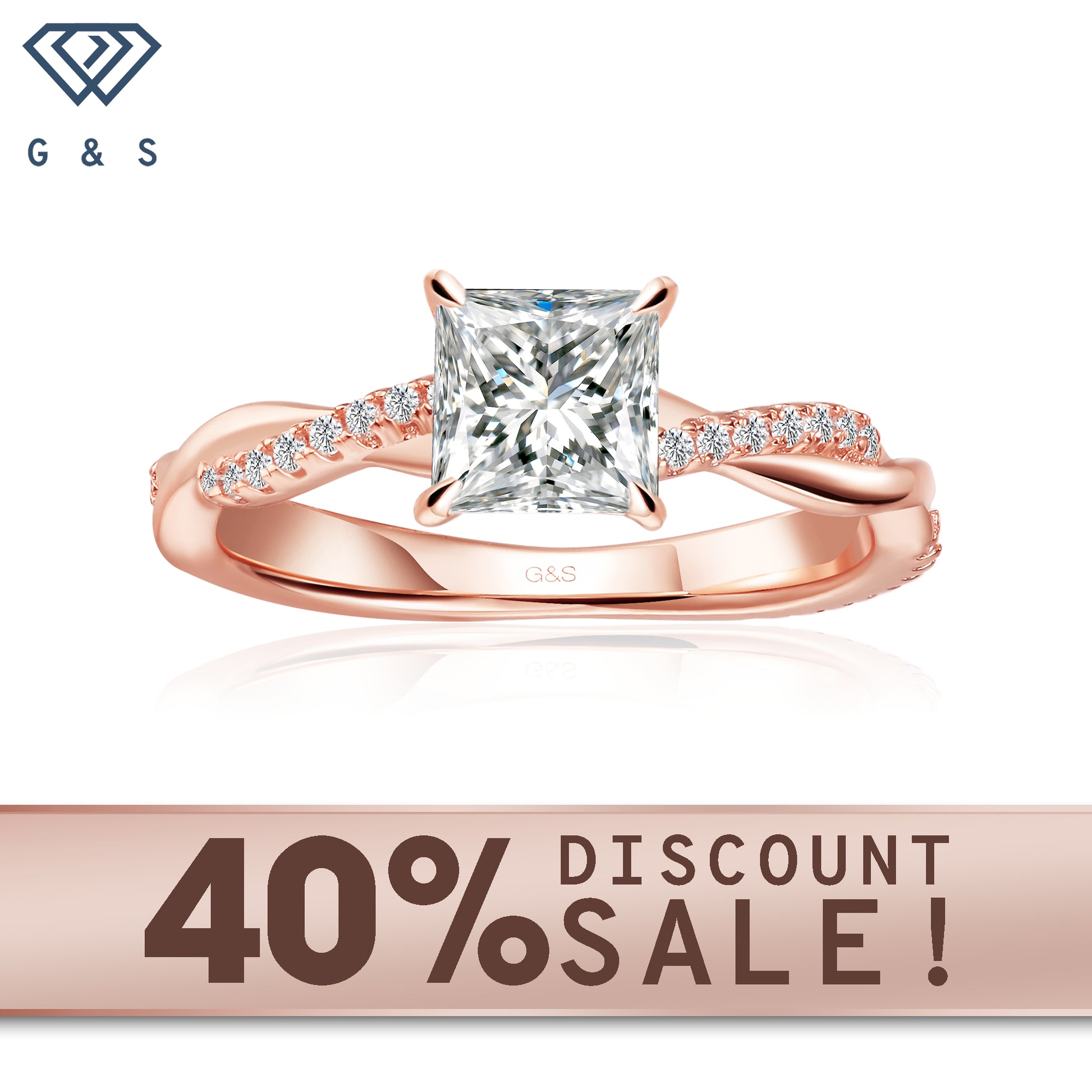 Timeless Infinity princess cut moissanite engagement ring in 9ct rose gold.