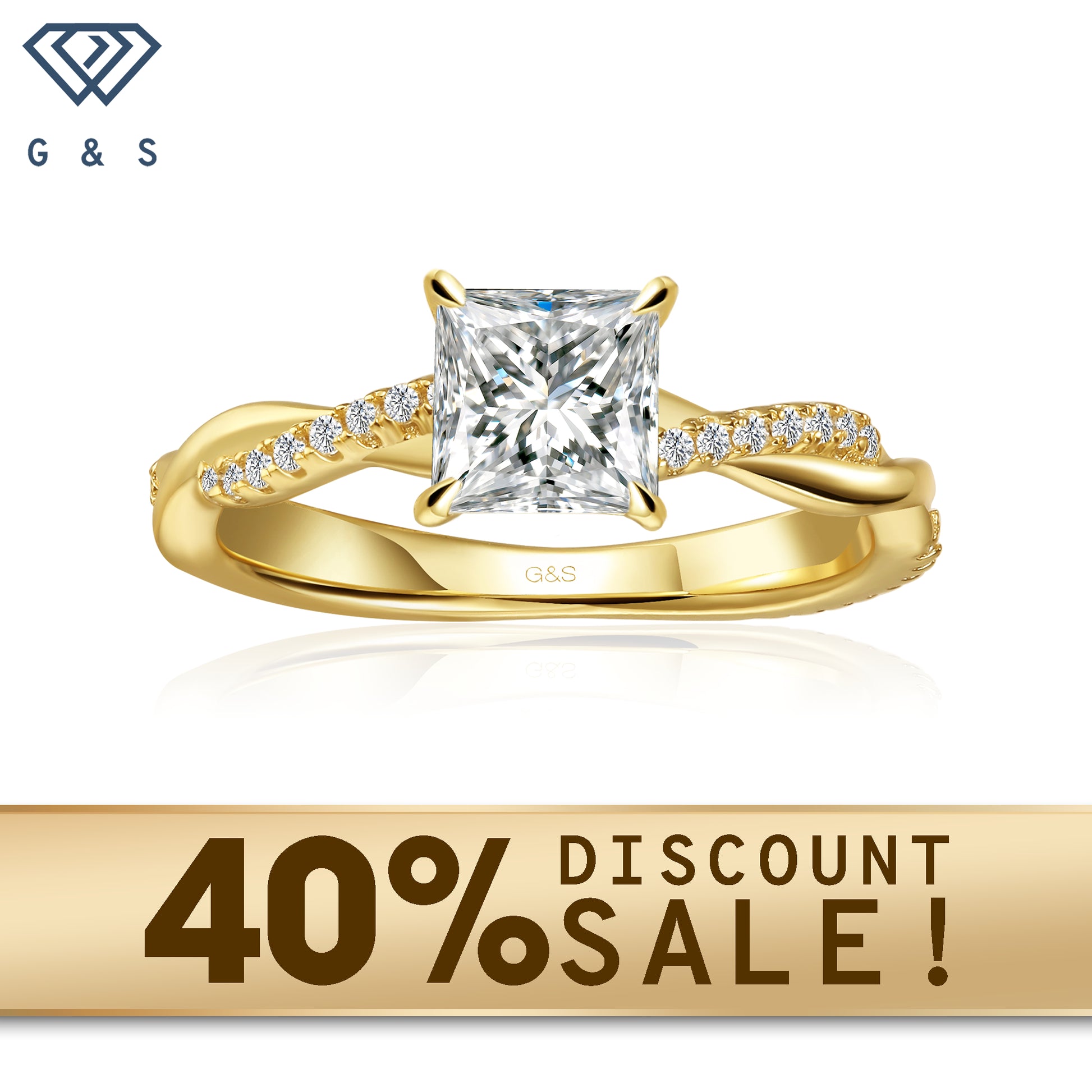 A 9ct yellow gold engagement ring with a unique infinity design and a sparkling princess cut moissanite.