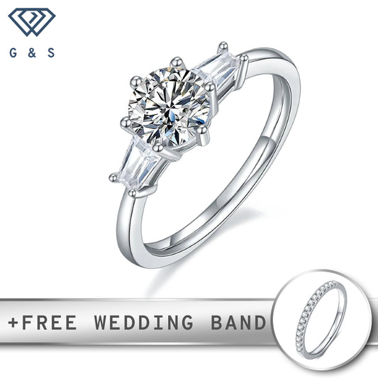 A classic engagement ring set in sterling silver, featuring three brilliant moissanite stones totaling 1.00ct, symbolizing past, present, and future.