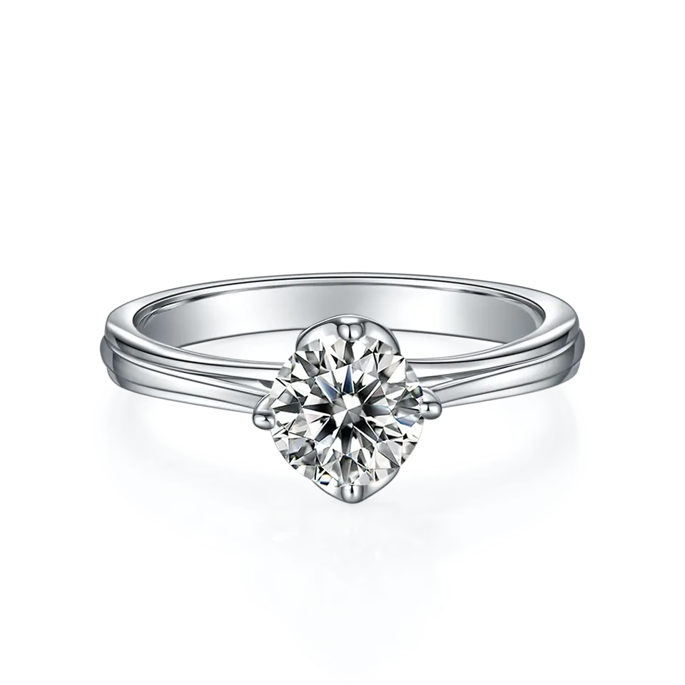 Showcasing a brilliant 1.00ct moissanite in a unique tulip-shaped prong setting on a polished sterling silver band.