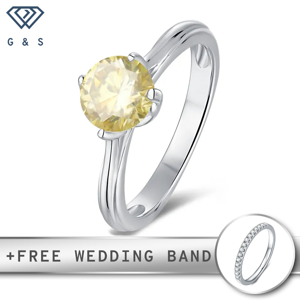 A delicate sterling silver engagement ring featuring a 1.00ct yellow moissanite held in a unique tulip-style setting, showcasing its warm, vibrant color.