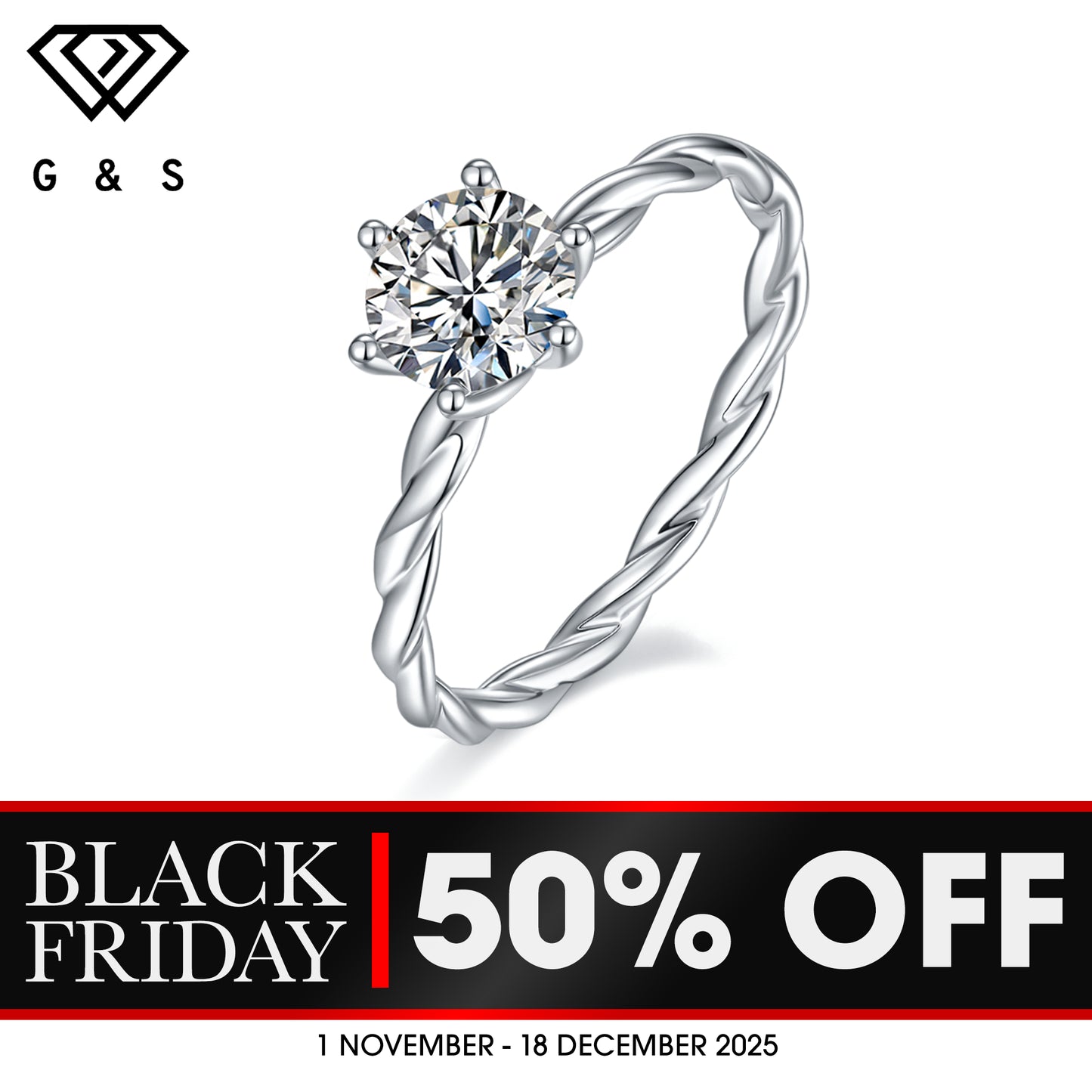 Twist Shank Solitaire 1.00ct Moissanite Engagement Ring Set in Sterling Silver - BLACKFRIDAY