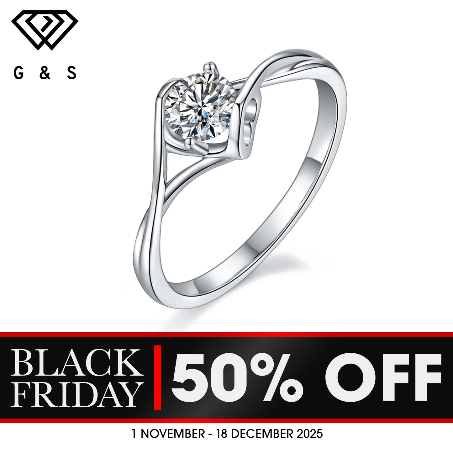 Two Hearts Solitaire 0.50ct Moissanite Engagement Ring Set in Sterling Silver - BLACKFRIDAY