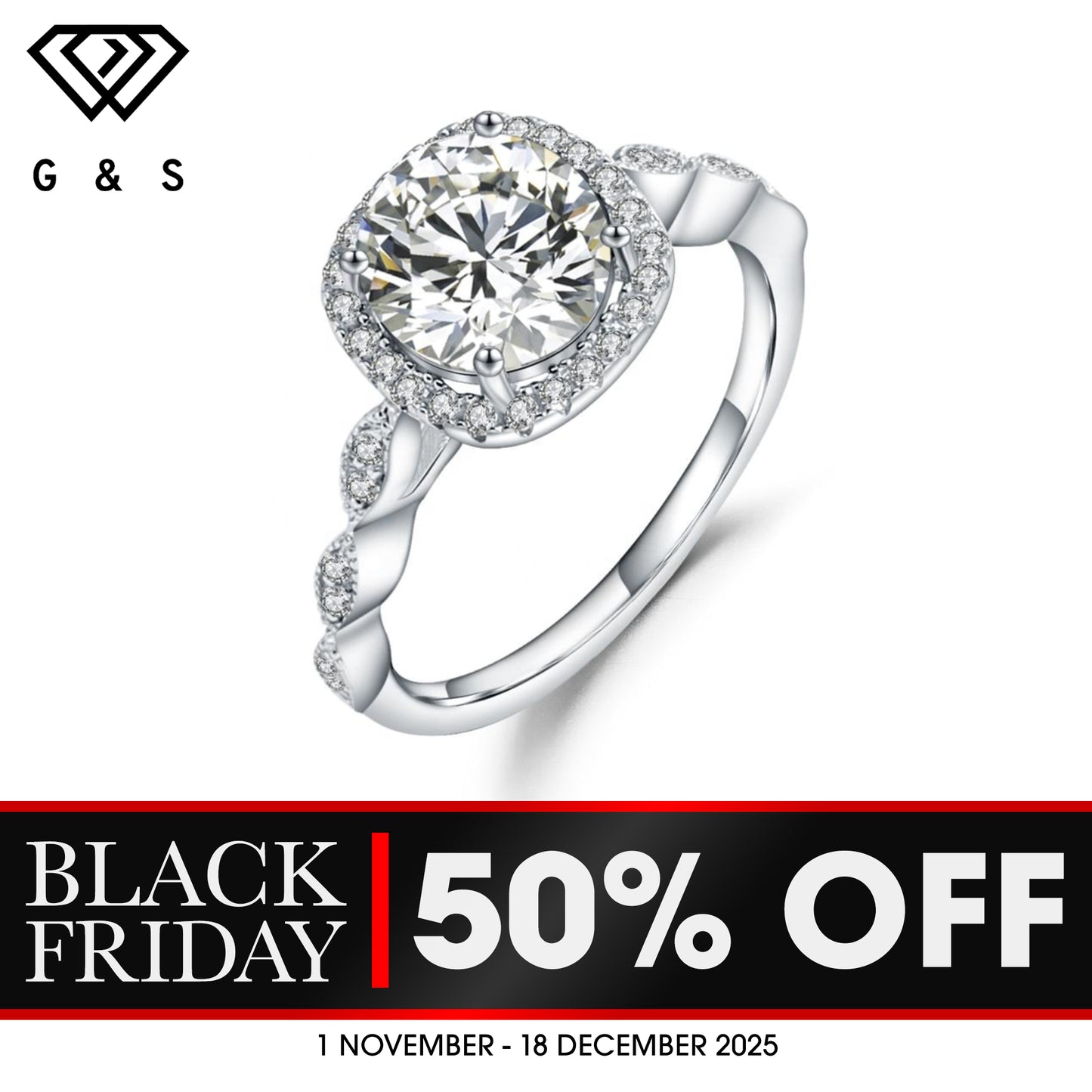 Vintage Halo 1.00ct Moissanite Engagement Ring Set In Sterling Silver - BLACKFRIDAY