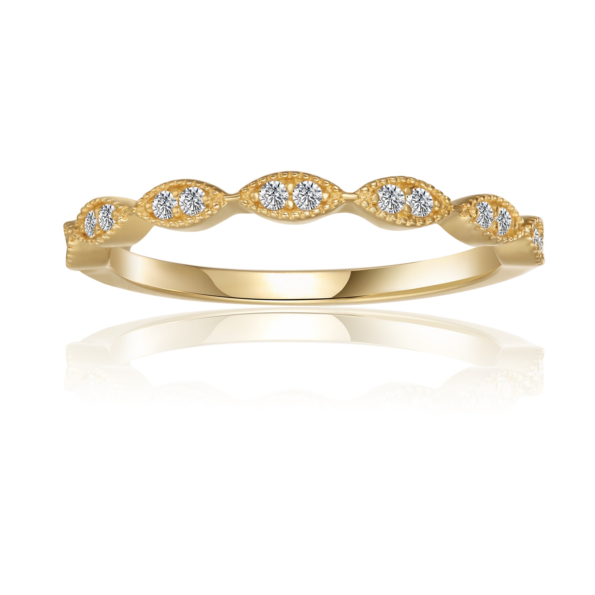 These wedding bands showcase a timeless vintage design, with delicate milgrain details and shimmering moissanites set in polished 9ct yellow gold.