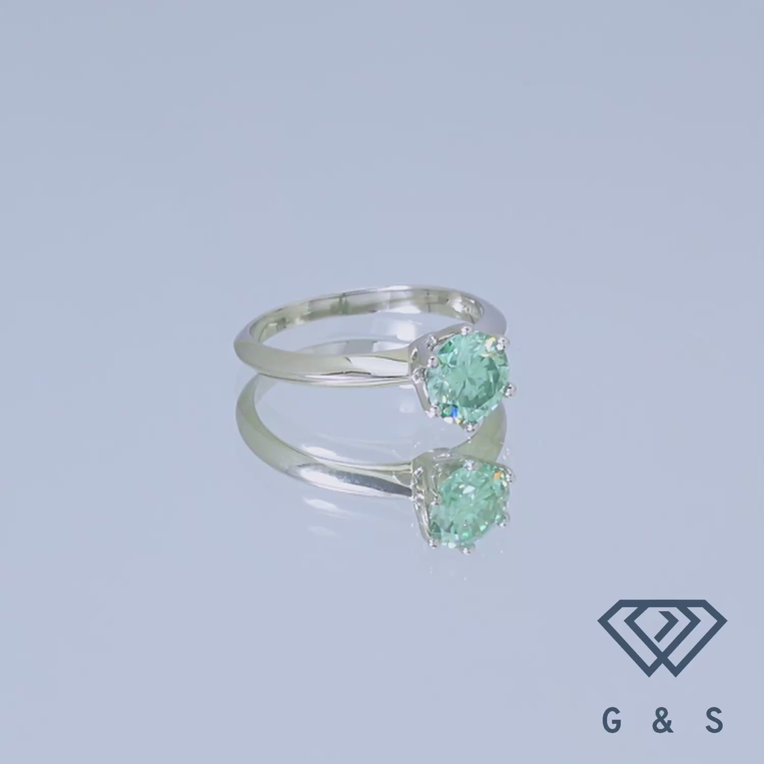 A simple yet elegant sterling silver ring showcasing a 1.00ct green moissanite held in a secure six-prong setting, reminiscent of the iconic Tiffany design.
