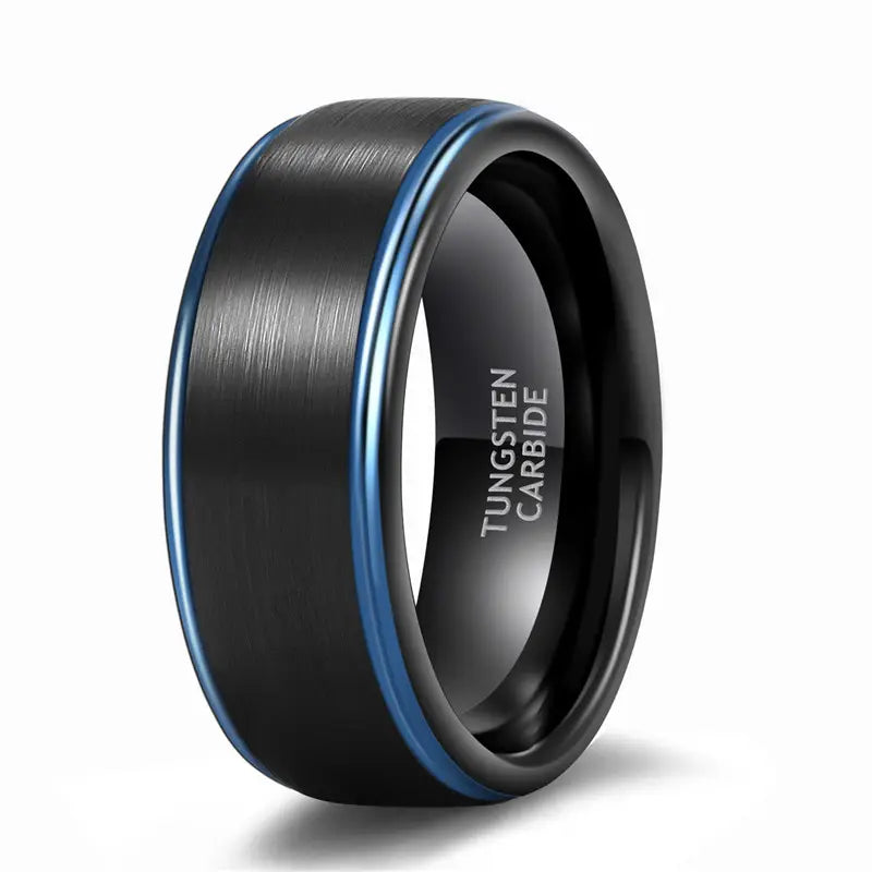 Black Brushed Centre With Blue Polish Edges Tungsten Ring