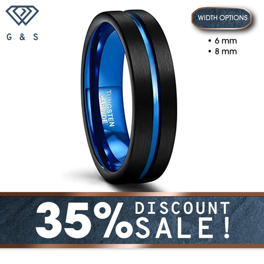 Black Brushed Tungsten Carbide Ring With Blue Centre Groove