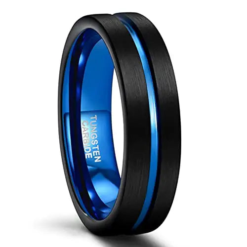 Black Brushed Tungsten Carbide Ring With Blue Centre Groove