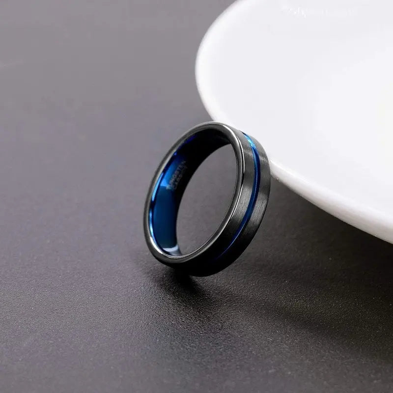 Black Brushed Tungsten Carbide Ring With Blue Centre Groove