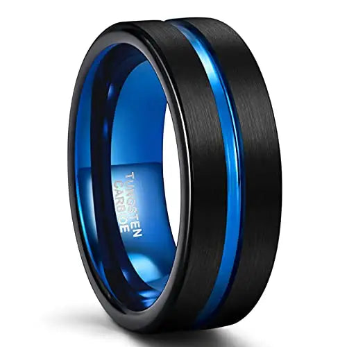 Black Brushed Tungsten Carbide Ring With Blue Centre Groove