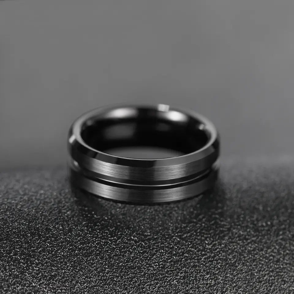 All Black Tungsten Carbide Ring With Centre Groove