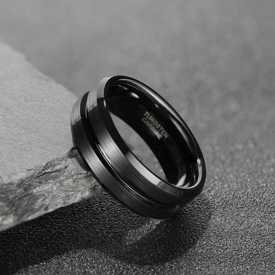 All Black Tungsten Carbide Ring With Centre Groove