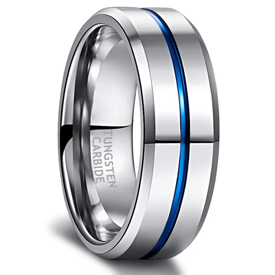 Tungsten Ring With Blue Centre Groove