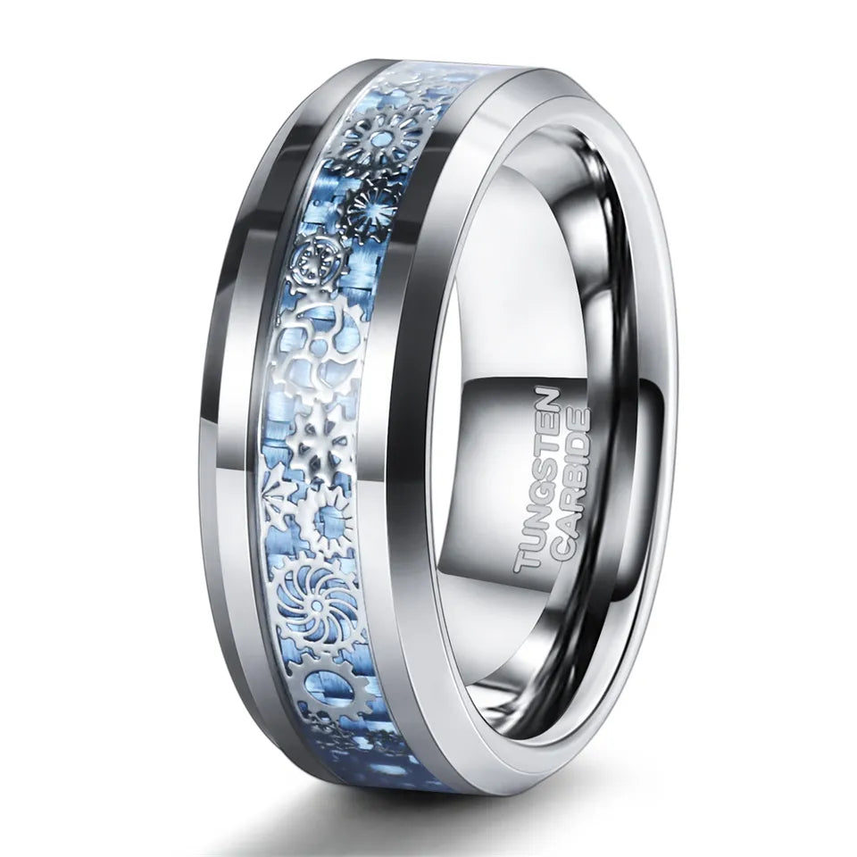 Tungsten Ring With Blue Gear Inlay