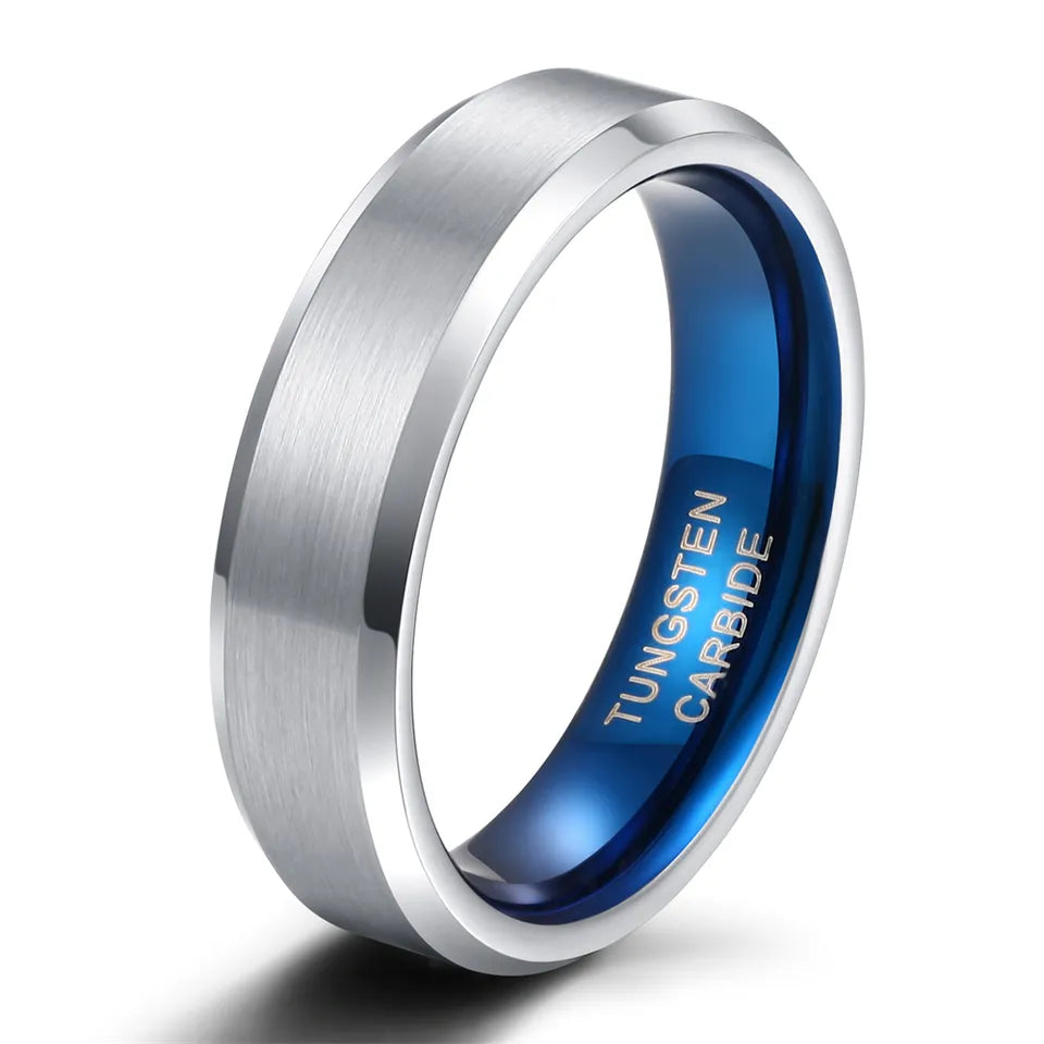 Brushed Beveled Edge Tungsten Carbide Ring With Blue Inner