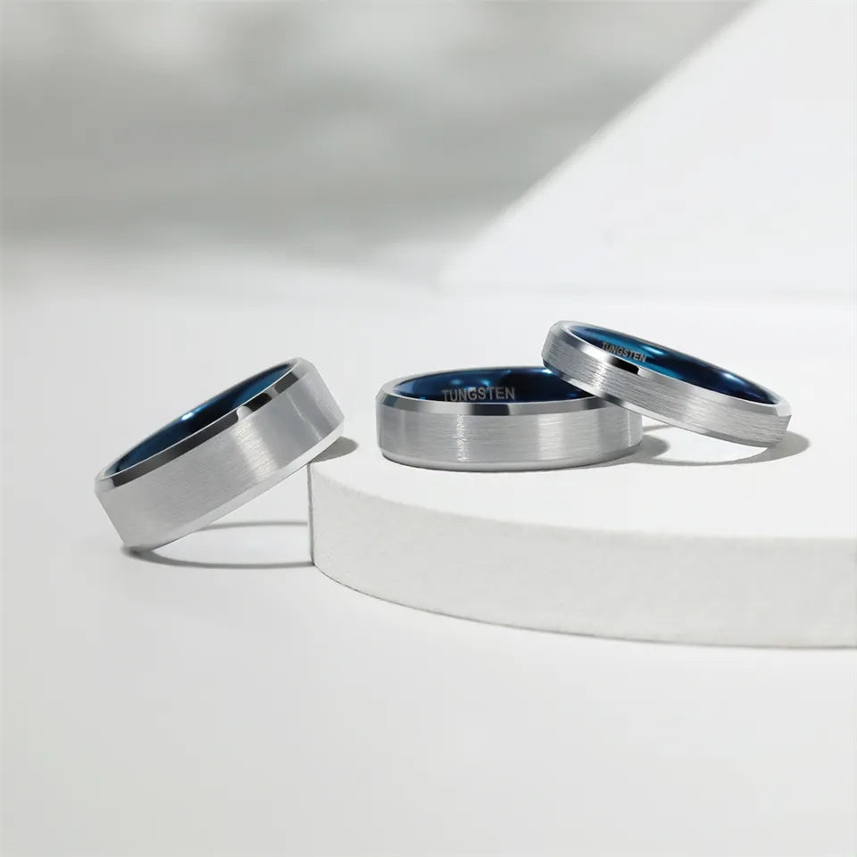 Brushed Beveled Edge Tungsten Carbide Ring With Blue Inner