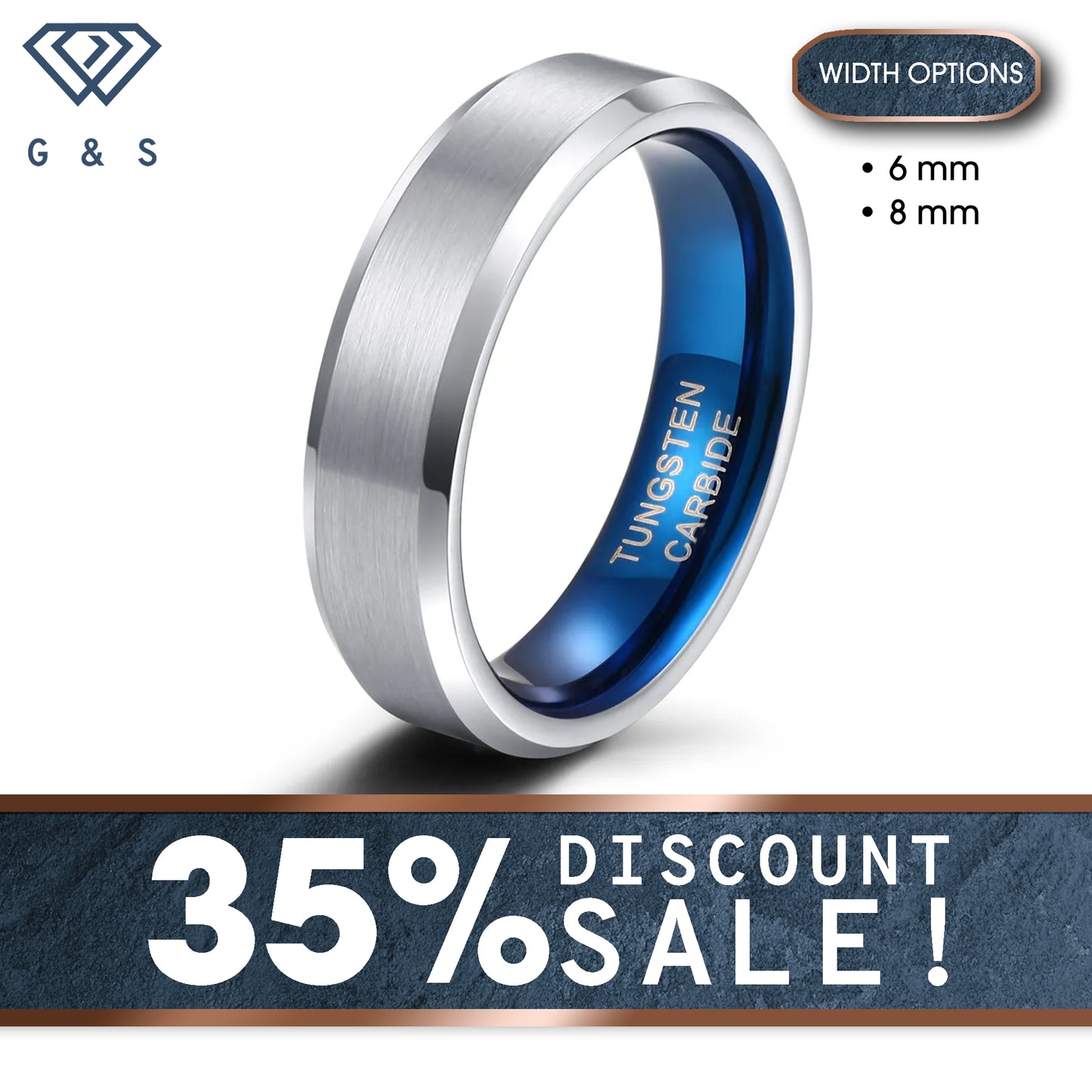 Brushed Beveled Edge Tungsten Carbide Ring With Blue Inner