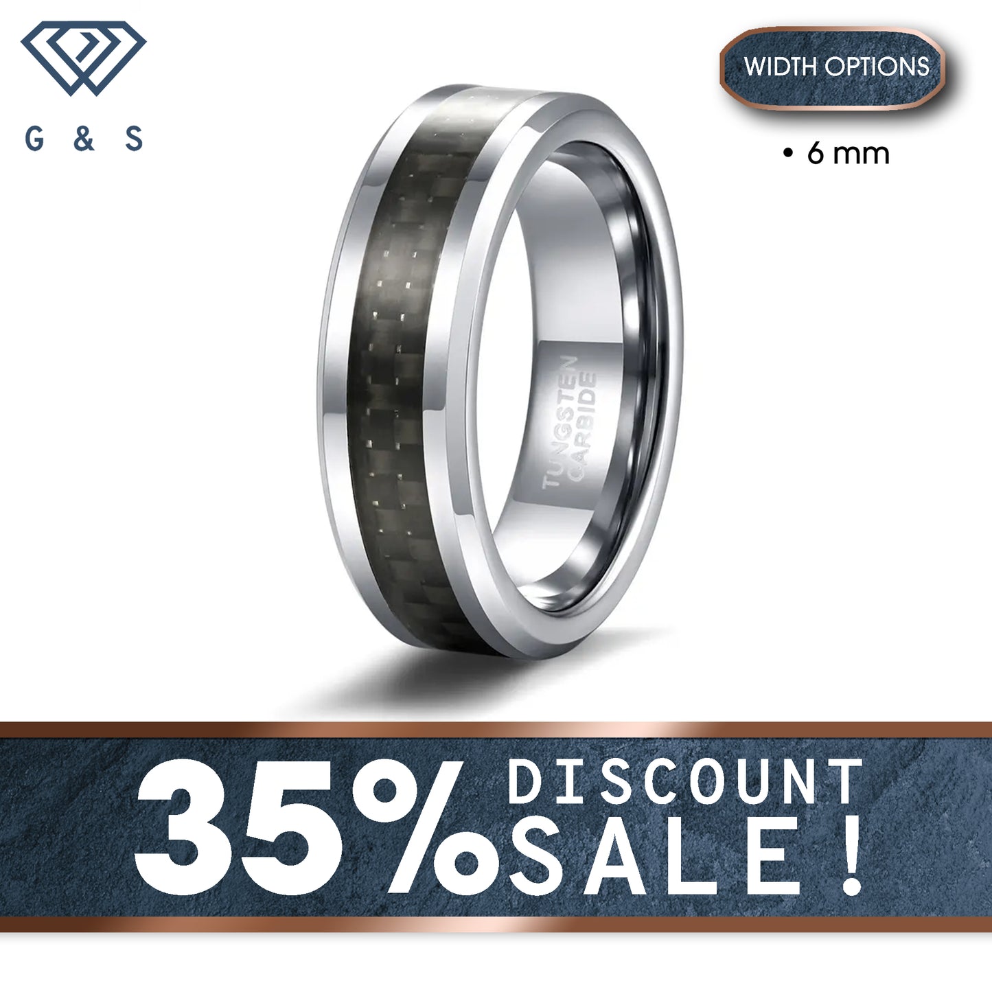Carbon Fiber Inlay Silver Tungsten Carbide Ring