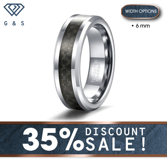 Carbon Fiber Inlay Silver Tungsten Carbide Ring