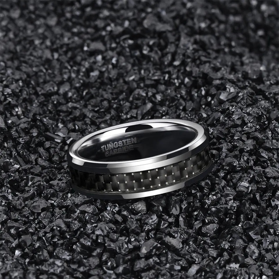 Carbon Fiber Inlay Silver Tungsten Carbide Ring
