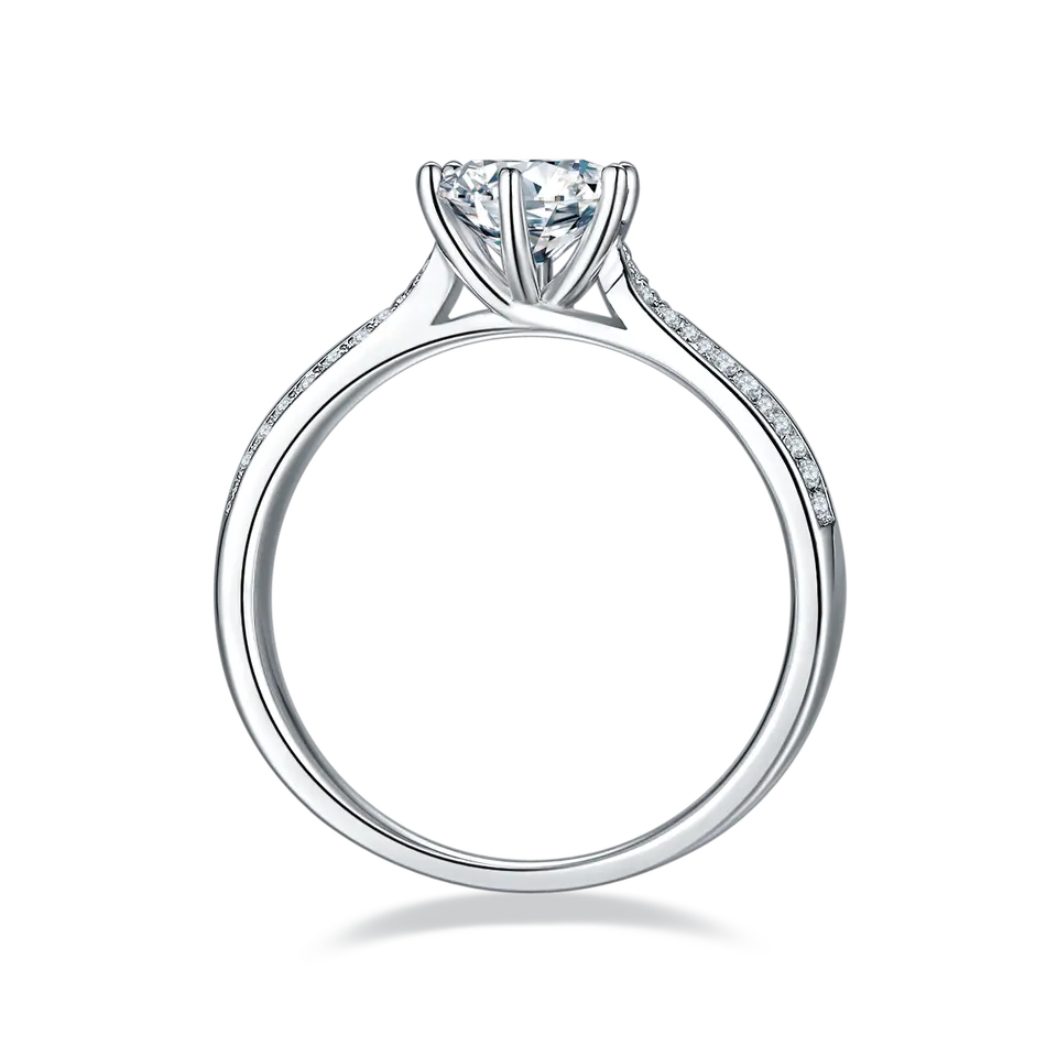 A classic engagement ring with a 1.00ct moissanite center, complemented by a pave setting of moissanites along the band, all beautifully crafted in sterling silver