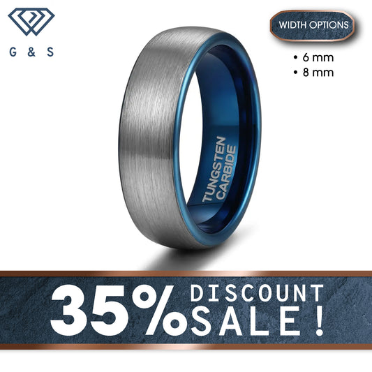 Dome Shaped Tungsten Carbide Ring With Brushed Finish & Blue Inner