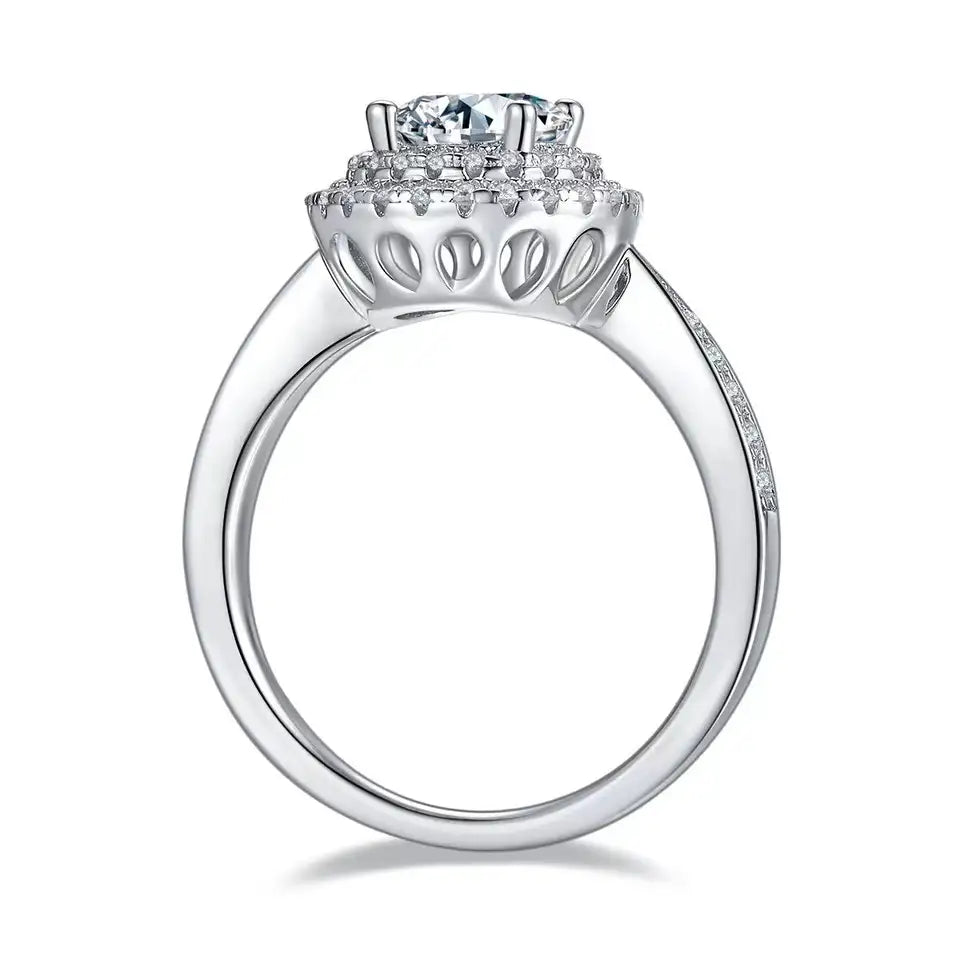 A luxurious engagement ring with a round brilliant moissanite and a double halo for maximum sparkle.