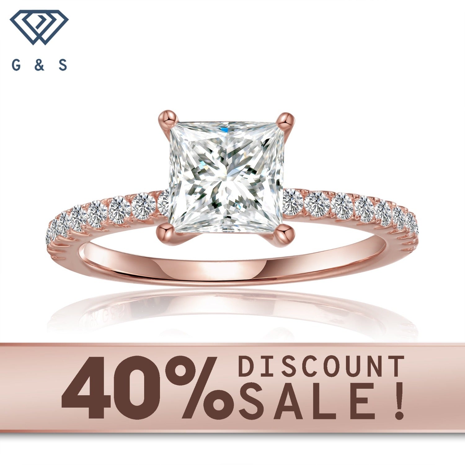 Elegant 1.20ct princess cut moissanite engagement ring set in 9ct rose gold.