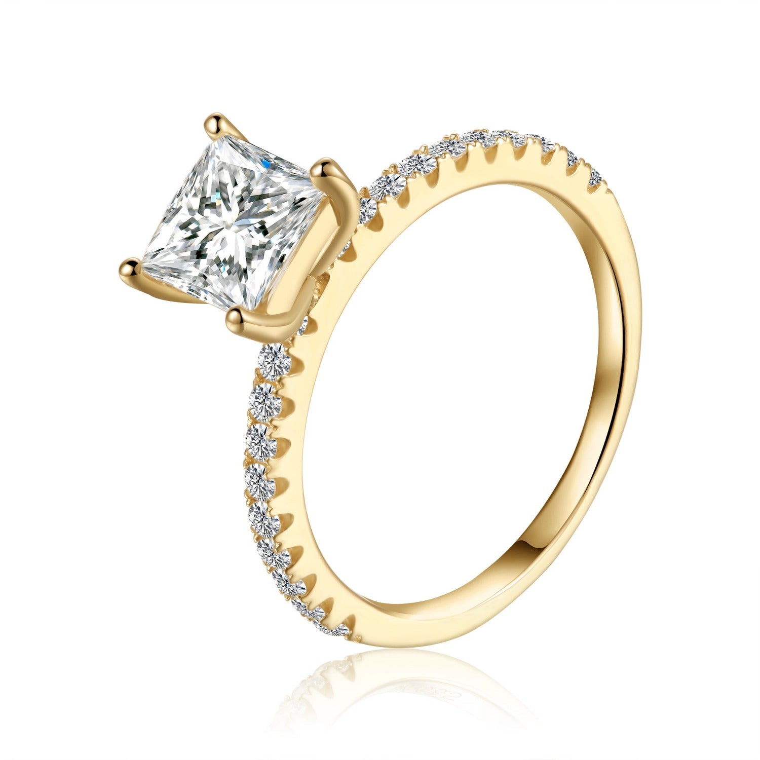 This stunning engagement ring showcases a dazzling 1.20ct princess cut moissanite, its sharp facets catching the light with exceptional brilliance, presented in a simple yet elegant 9ct yellow gold setting.