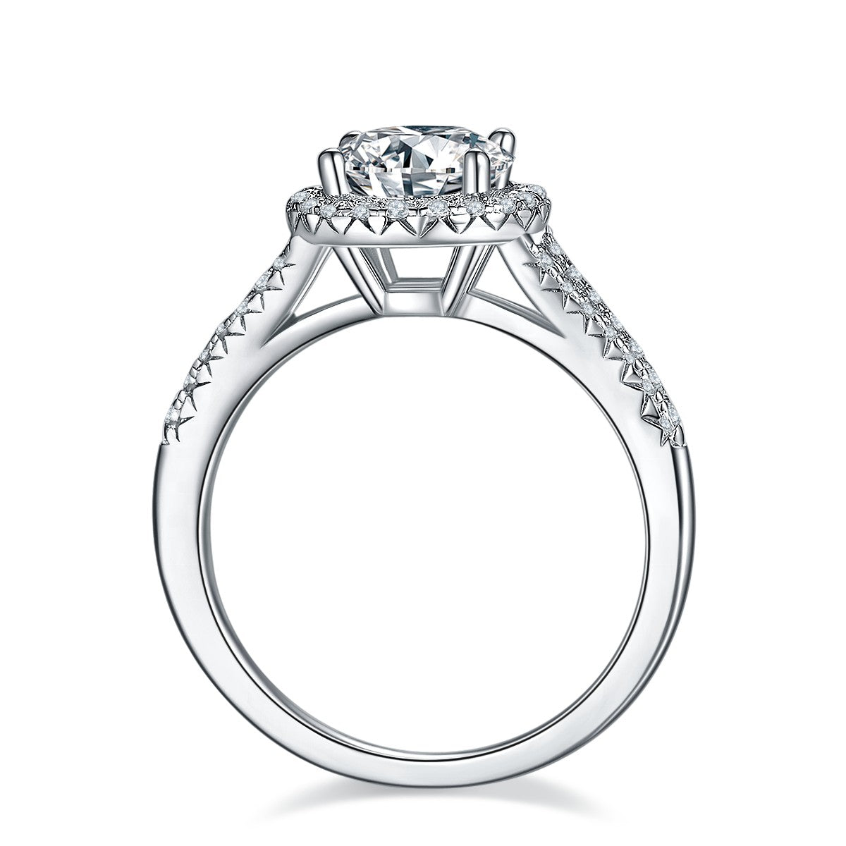 This stunning ring showcases a 1.50ct moissanite with a delicate halo setting, enhancing its brilliance.