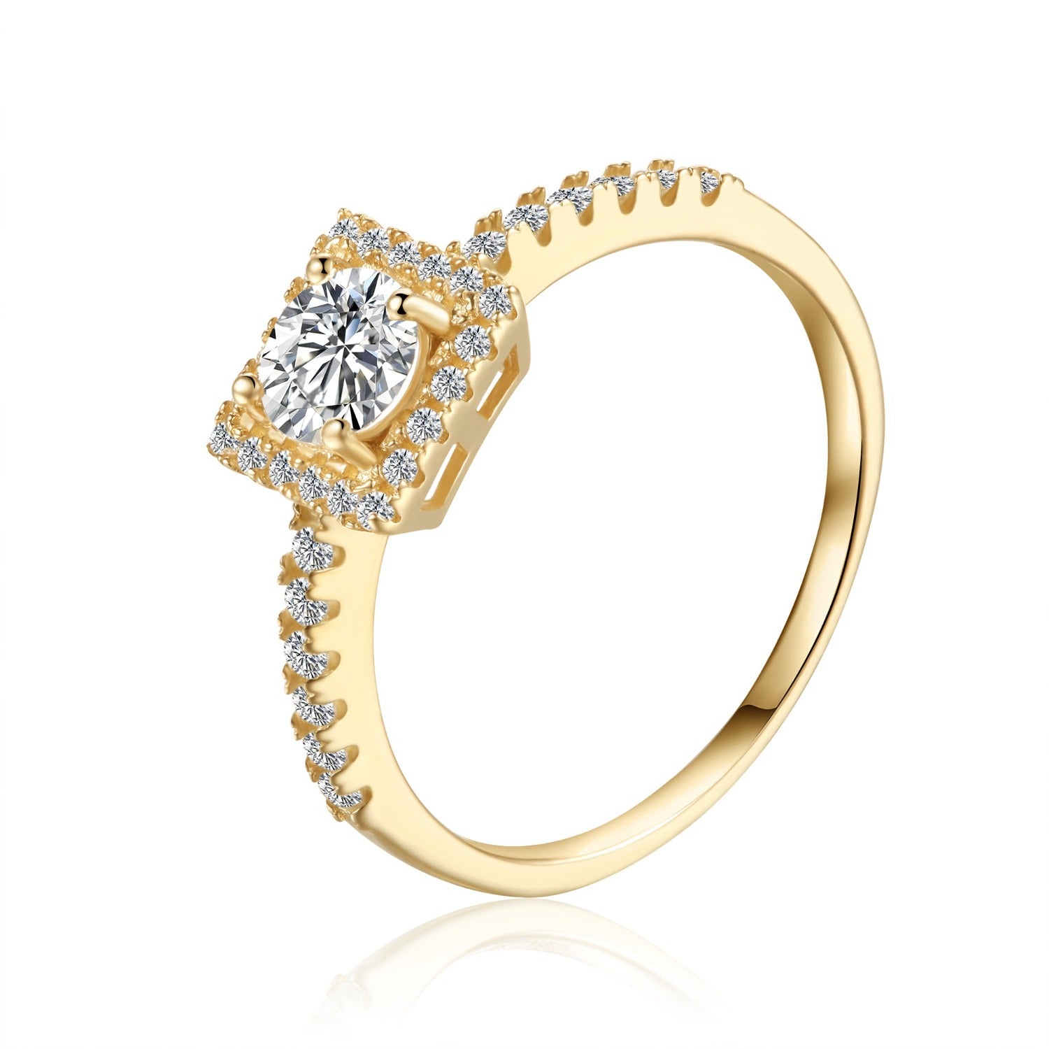 This exquisite engagement ring showcases a 0.50ct moissanite center stone surrounded by a dazzling halo, creating a timeless and elegant look in warm 9ct yellow gold.