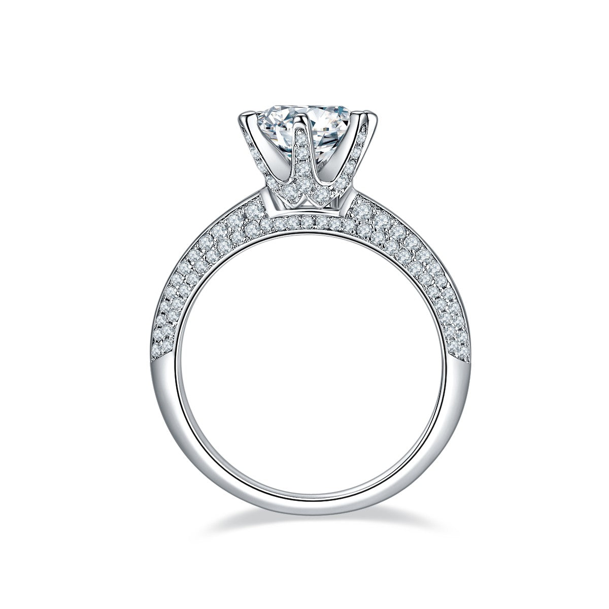 A profile view showing the ring's band and the pave detailing along the sides, emphasizing the ring's elegant design.