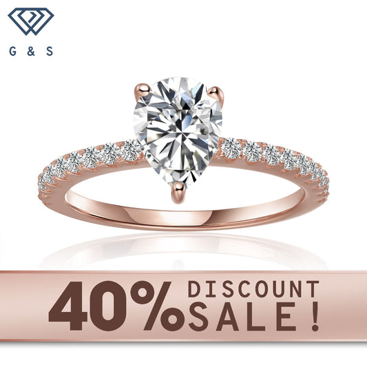 Exquisite pear-shaped 1.25ct moissanite engagement ring set in 9ct rose gold.