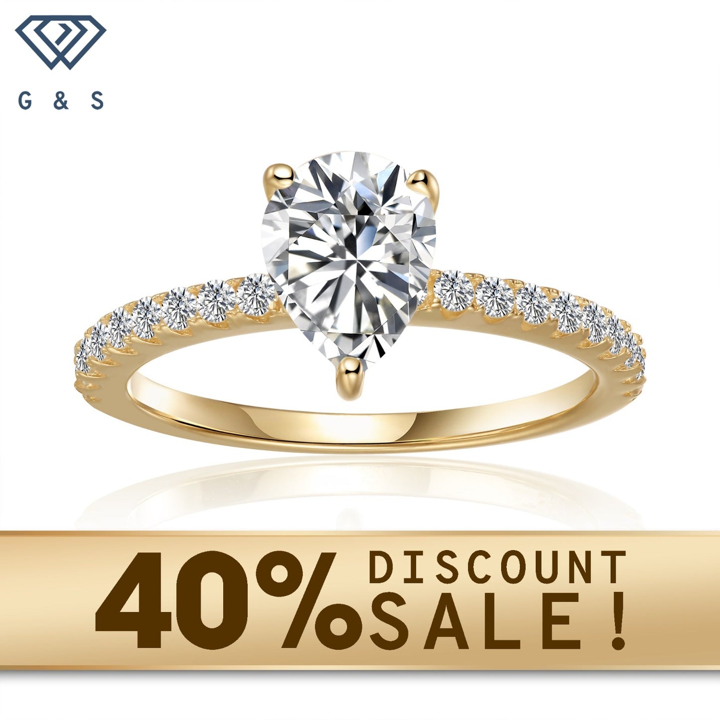 A dazzling 1.25ct pear-shaped moissanite takes center stage in this elegant 9ct yellow gold engagement ring, showcasing a classic and romantic design.
