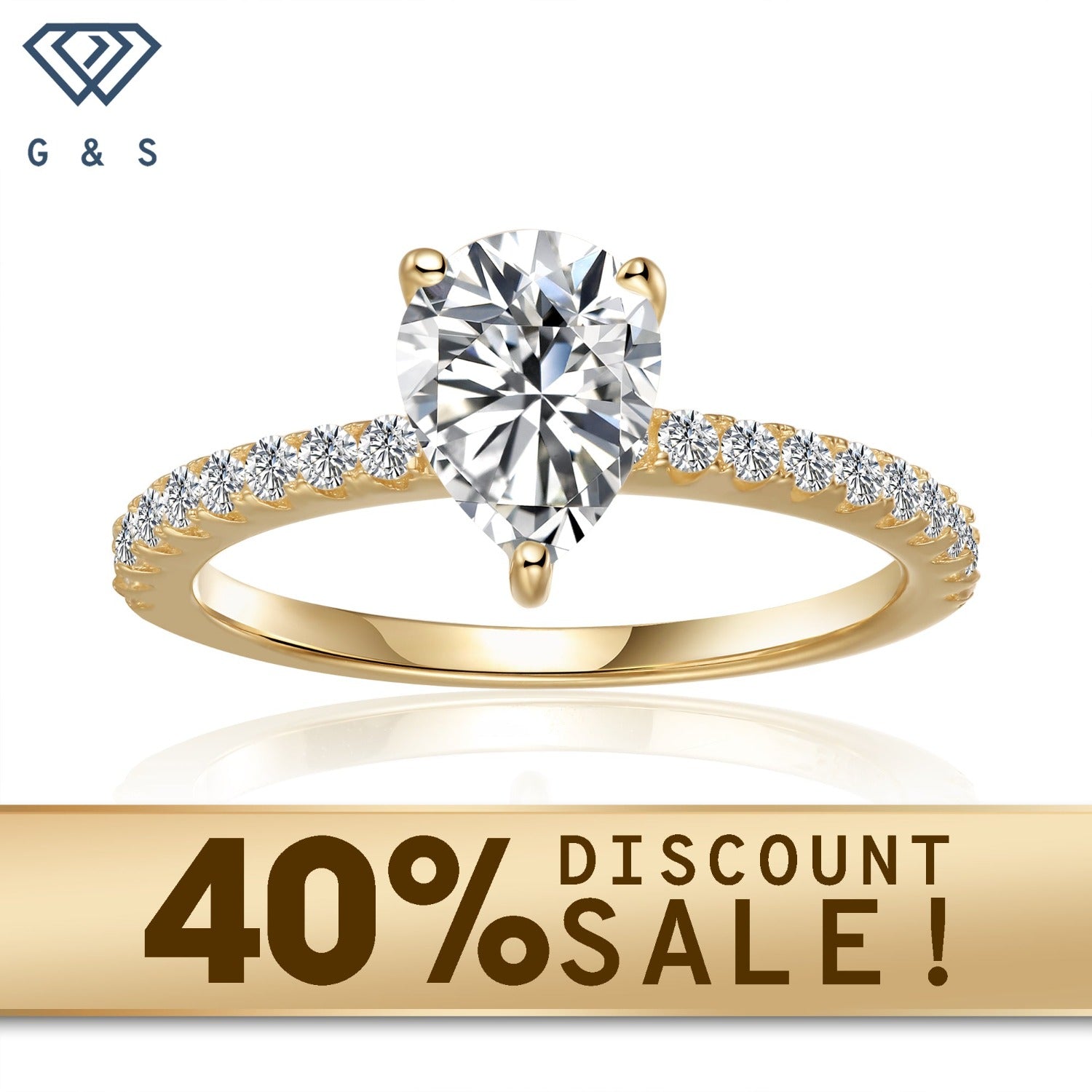 A dazzling 1.25ct pear-shaped moissanite takes center stage in this elegant 9ct yellow gold engagement ring, showcasing a classic and romantic design.
