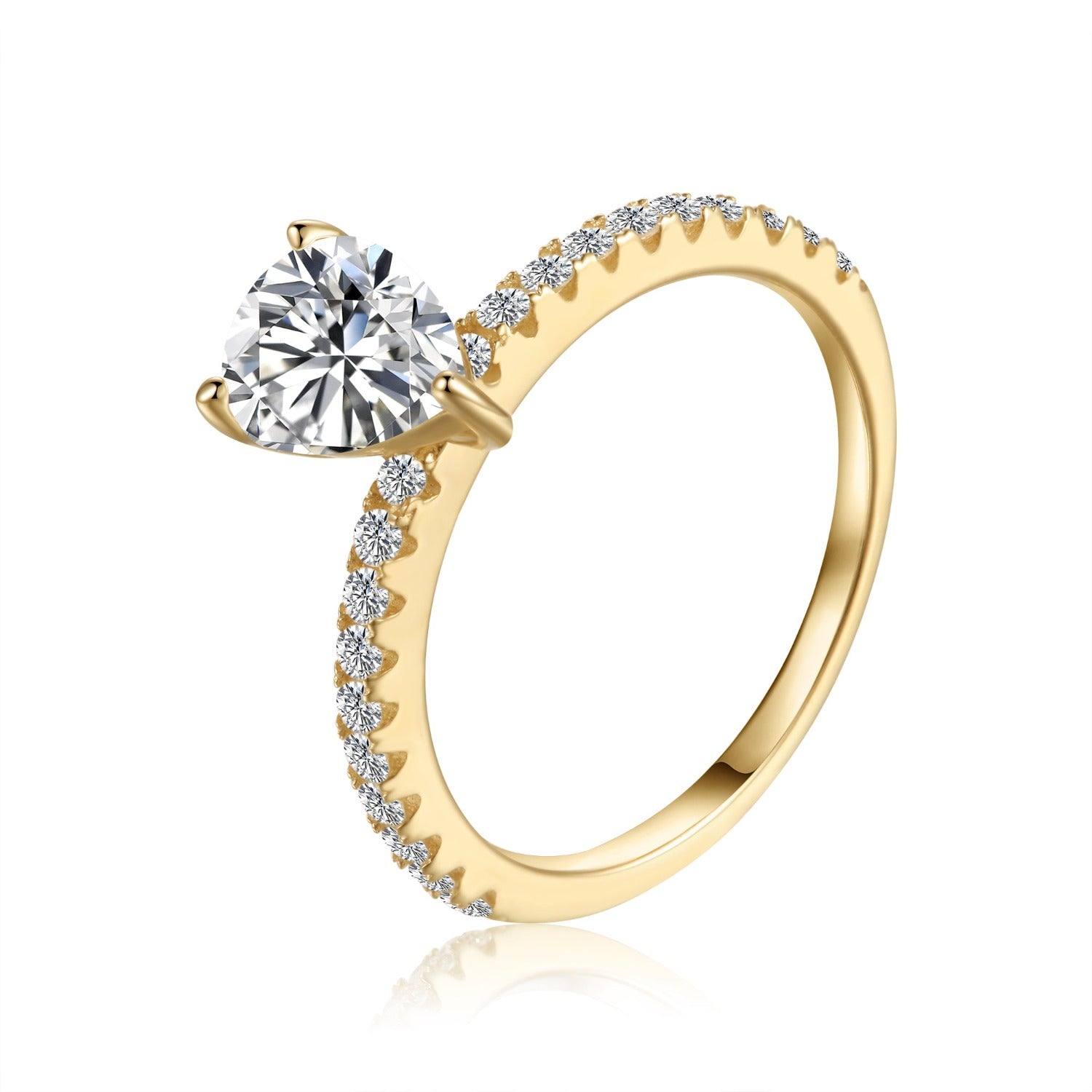 This stunning ring features a brilliant 1.25ct pear-shaped moissanite, beautifully set in a warm 9ct yellow gold band, creating a timeless and sophisticated look.