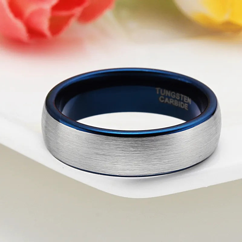 Dome Shaped Tungsten Carbide Ring With Brushed Finish & Blue Inner