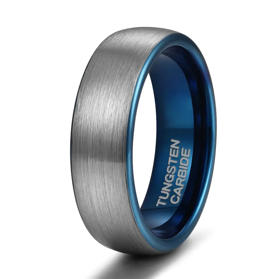 Dome Shaped Tungsten Carbide Ring With Brushed Finish & Blue Inner