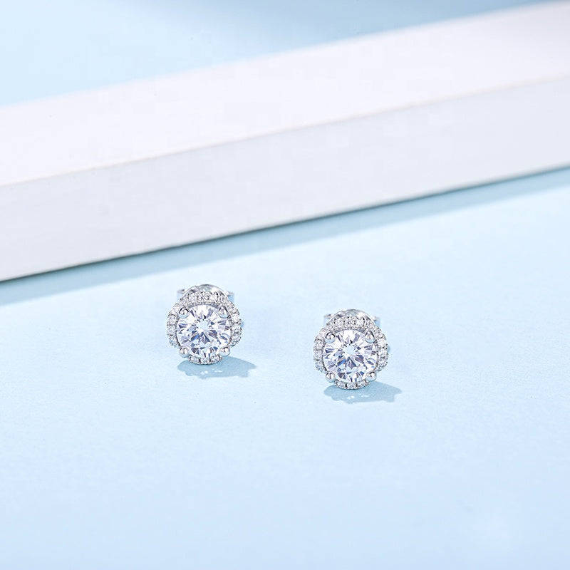 Halo Moissanite Stud Earrings Set in Sterling Silver