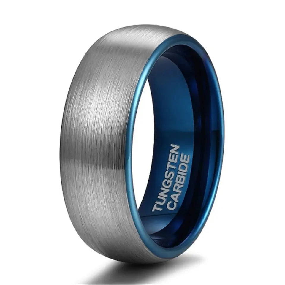 Dome Shaped Tungsten Carbide Ring With Brushed Finish & Blue Inner