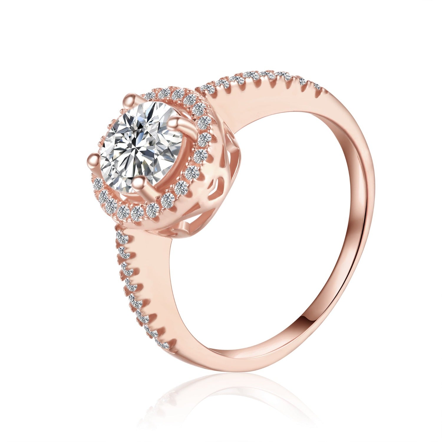 Stunning 9ct rose gold engagement ring showcasing a 1.00ct moissanite surrounded by a delicate heart-shaped halo.